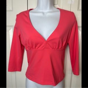 BOSTON PROPER V-Neck Blouse Top Shirt 3/4 Sleeves Vibrant Coral Pink Orange Knit